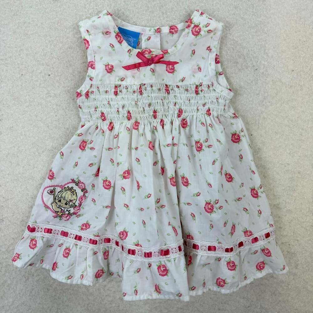 Precious Moments Floral Smocked Dress Baby Girls White Pink Y2K Size 12M